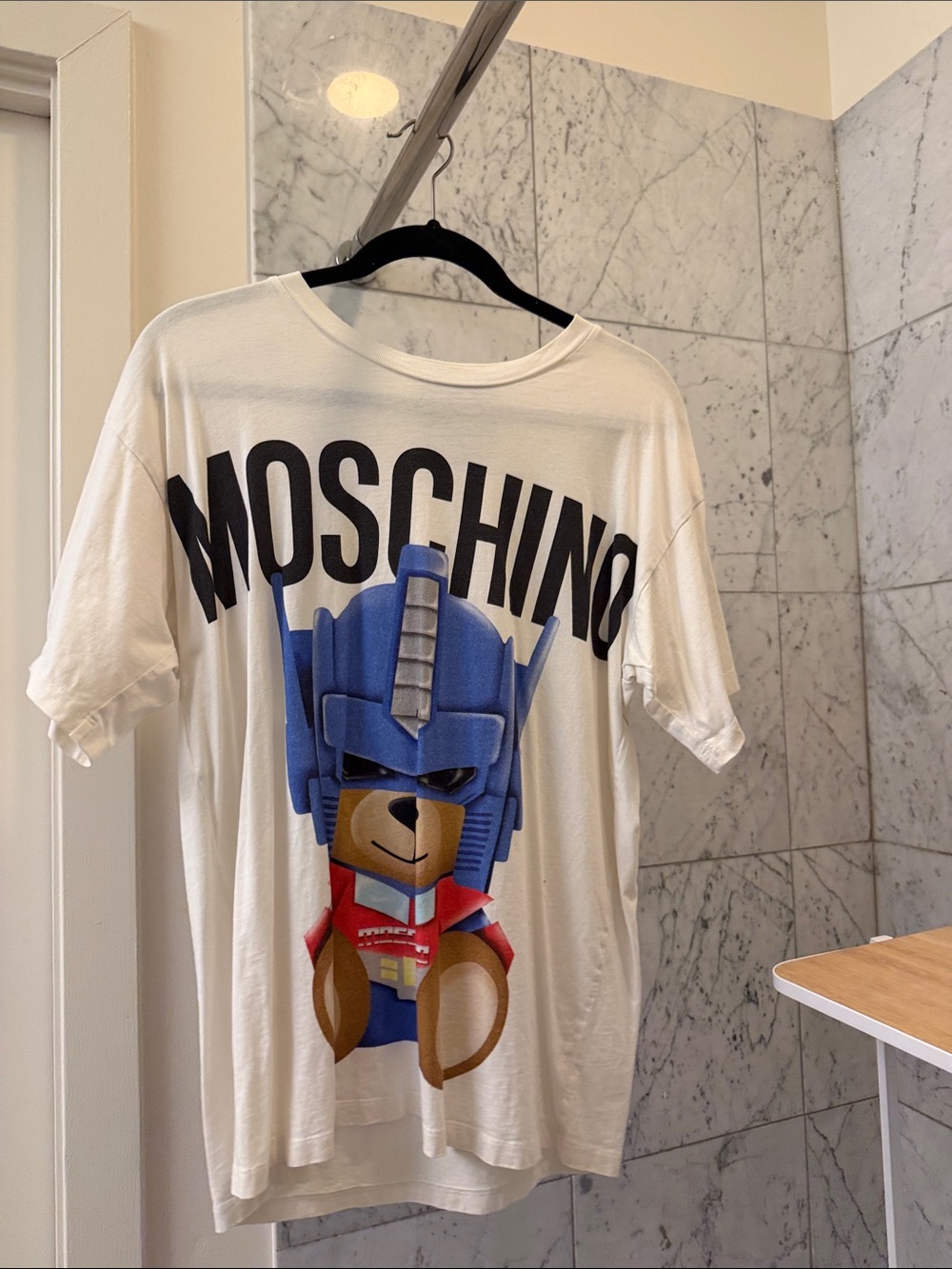 Moschino White Tee With Blue And Brown Bear Robot Graphic